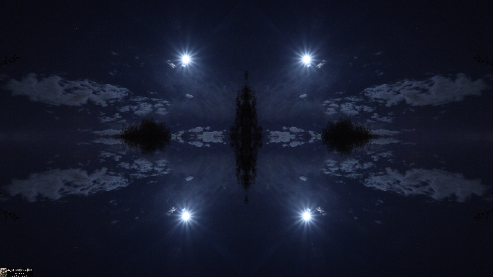 Quadroscopic nearly full moon and night sky